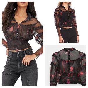 Free People Time For Shine Mesh Blouse Black Dark Romance Combo long sleeve L